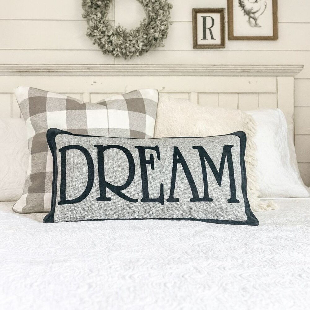 Decorative Bed Pillow Dream Black Velvet Metallic Silver Boho Farmhouse Guest